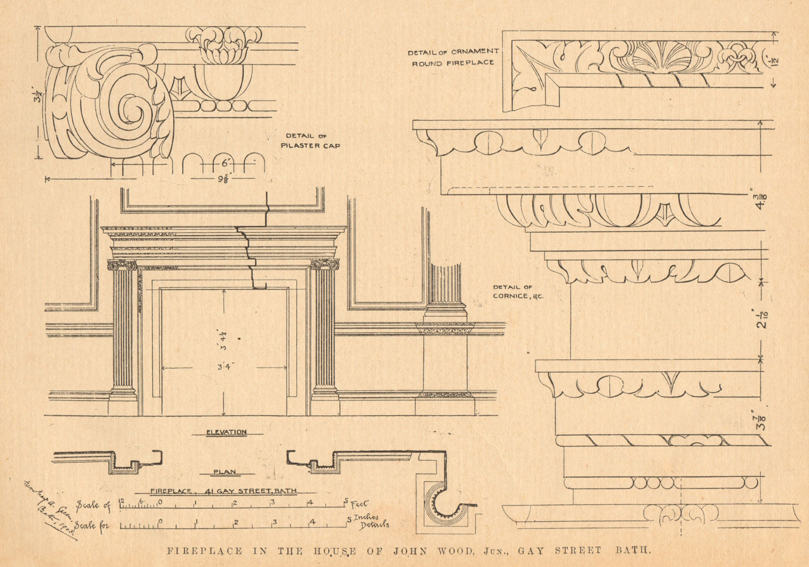 Fireplace in the house of John Wood Jr, 41 Gay Street, Bath. Elevation plan 1905